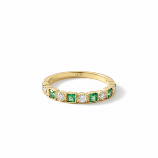 Anillo Oro 10k con piedra Verde y Blanco